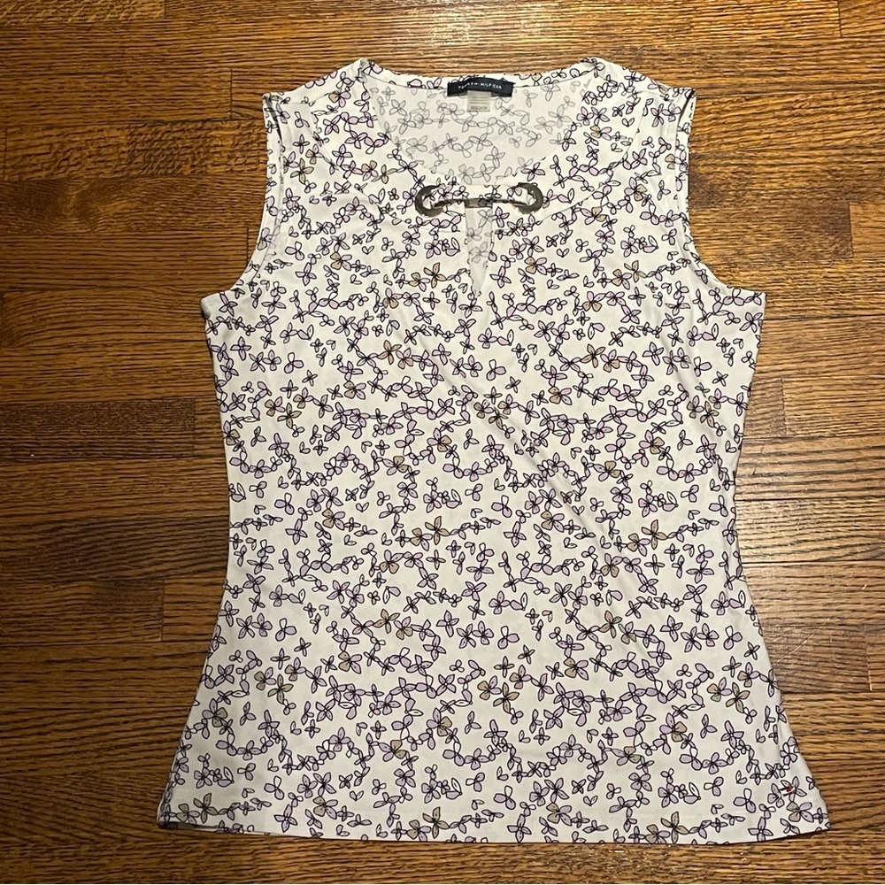 Tommy Hilfiger purple floral patterned, white tank top - Size XS